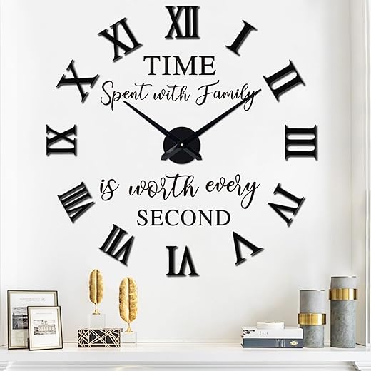 VREAONE Large 3D DIY Wall Clock, Giant Roman Numerals Clock Frameless Mirror Big Wall Clock Home Decoration for Home Living Room Bedroom Wall Decorations(Black)