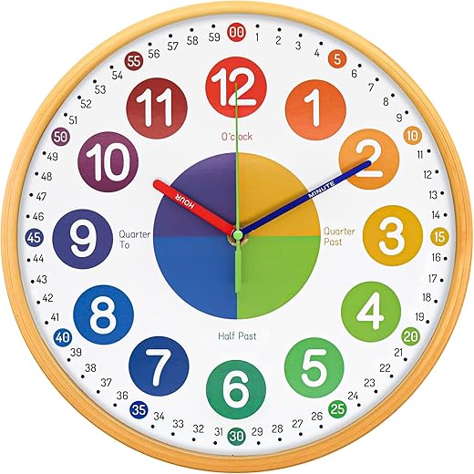 VREAONE Teaching Clock for Kids 12 inch Learning Wall Clock Silent Movement and Colorful Numerals Kids Wall Clocks for Classroom Playroom Nursery Bedrooms Kids Room School