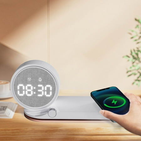 Vxdvou 15W 4-in-1 Wireless Charging Dock with Alarm Clock and Night Light - Slip-Resistant, Fast Charging for iPhone