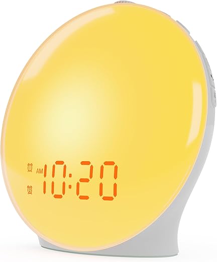 Wake Up Light Sunrise Alarm Clock for Kids, Heavy Sleepers, Bedroom, with Sunrise Simulation, Sleep Aid, Dual Alarms, FM Radio, Snooze, Nightlight, Daylight, 7 Colors, 7 Natural Sounds, Ideal for Gift