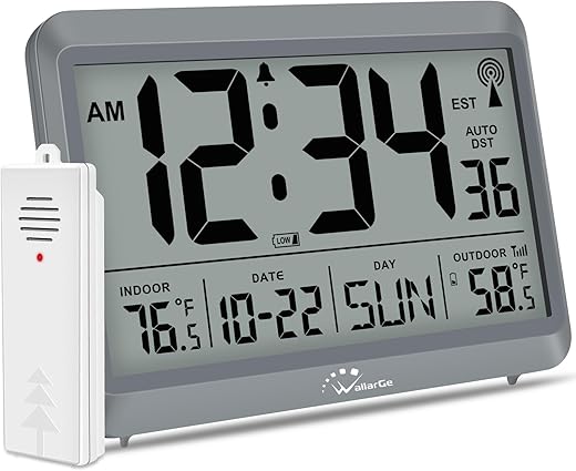 WallarGe Atomic Clock with Indoor Outdoor Temperature - 8.5'' Digital Clock Battery Operated, Self-Setting, 4 Time Zones, DST