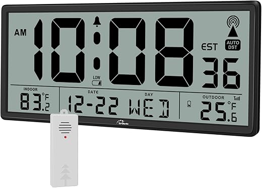 WallarGe Atomic Clock with Indoor Outdoor Temperature - Easy to Read - Self Setting, 14.5'' Jumbo Auto Set Digital Wall Clock Battery Operated