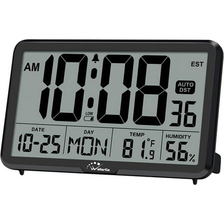 WallarGe Auto Set Digital Wall Clock Battery Operated, Desk Clocks with Temperature, Humidity and Date, Large Display Digital Calendar Alarm Clock for Elderly, Bedroom, Office, 8 Time Zone, Auto DST.