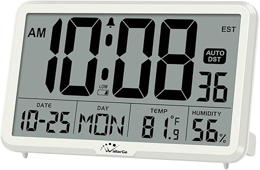 WallarGe Auto Set Digital Wall Clock Battery Operated, Desk Clocks with Temperature, Humidity and Date, Large Display Digital Calendar Alarm Clock for Elderly, Bedroom, Office, 8 Time Zone, Auto DST.