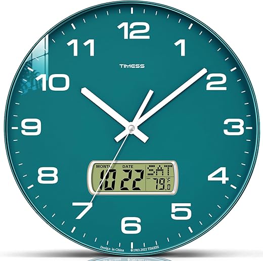 Wall Clock, 10 Dial Non-Ticking Silent Battery Operated Analog with LCD Display for Perpetual Calendar and F° Temperature, Ideal Modern Home, Office Decor (Green)