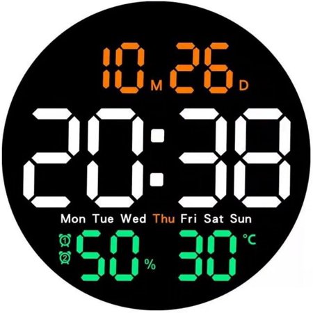 Wall Clock, 10” Digital Wall Clocks Led Large Display, Round Alarm Clock-With Remote Control, Temperature, Humidity, Auto Dimming, 10 Level Brightness, For Home Living Room Gym, Tricolor