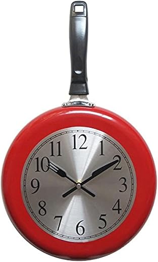 Wall Clock, 10 inch Metal Frying Pan Kitchen Wall Clock Home Decor - Kitchen Themed Unique Wall Clock with a Screwdriver (Red)