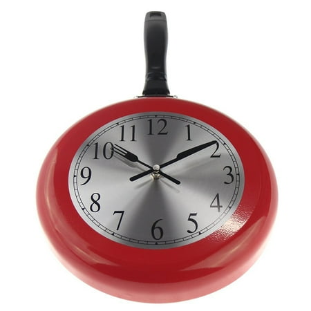 Wall Clock, 10 inch Metal Frying Pan Kitchen Wall Clock Home Decor - Kitchen Themed Unique Wall Clock with a Screwdriver (Red)