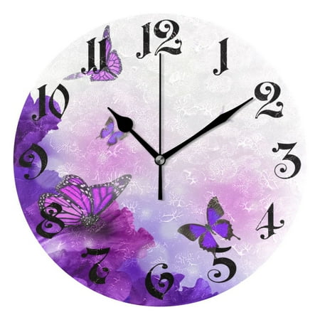 Wall Clock 10 Inch Silent Non-Ticking 8 Purple Butterfly Flowers Battery Operated Rustic Retro for Living Room Home Kitchen Bathroom