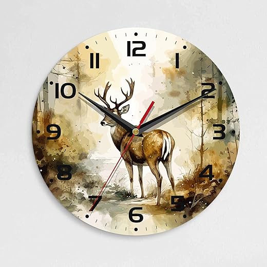 Wall Clock, 10 Inch Silent Non-Ticking Home Kitchen Decor, Battery Operated for Bathroom Bedroom Living Room Office(Forest Deer)