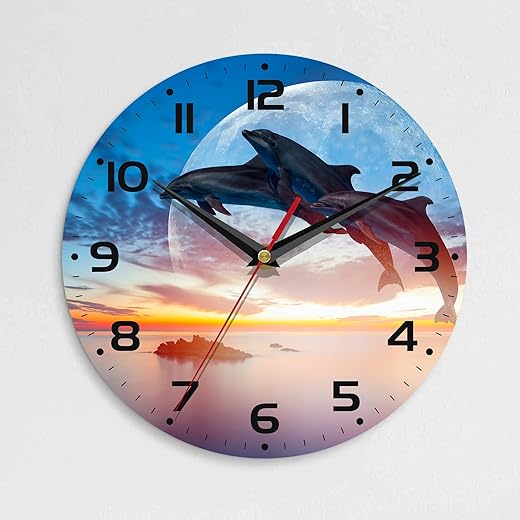 Wall Clock, 10 Inch Silent Non-Ticking Home Kitchen Decor, Battery Operated for Bathroom Bedroom Living Room Office(Dolphin Jumping Sunset,Cute Sea Animals)