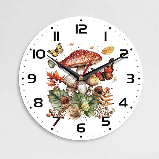 Wall Clock, 10 Inch Silent Non-Ticking Home Kitchen Decor, Battery Operated for Bathroom Bedroom Living Room Office(Mushroom Butterfly)