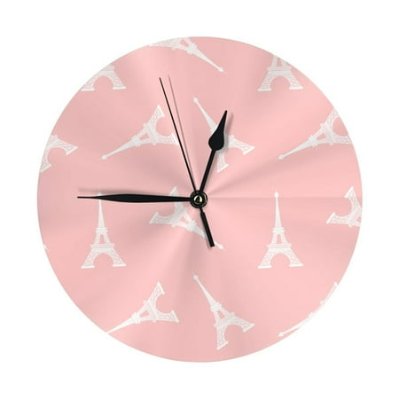 Wall Clock 10 Inch Silent Non-Ticking Modern Clocks Battery Operated - white Eiffel Towers pink Wall Clock Decorative for Living Room Bedroom Kitchen Office Classroom