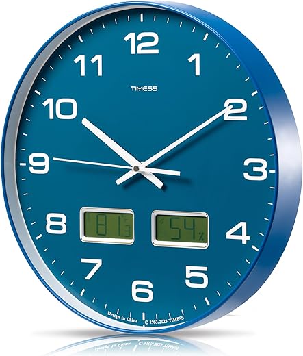 Wall Clock, 14 Large Dial Non-Ticking Silent Battery Operated Analog with Dual LCD Display for Instant F° Temperature and Humidity, Ideal Modern Home, Bedroom, Office Decor (Blue)