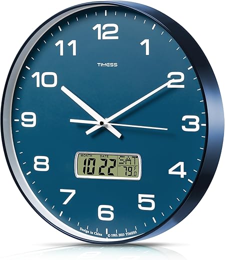 Wall Clock, 14" Large Dial Non-Ticking Silent Battery Operated Analog with LCD Display for Perpetual Calendar and F° Temperature, Ideal Modern Home, Bedroom, Kitchen, Office Decor (Blue)