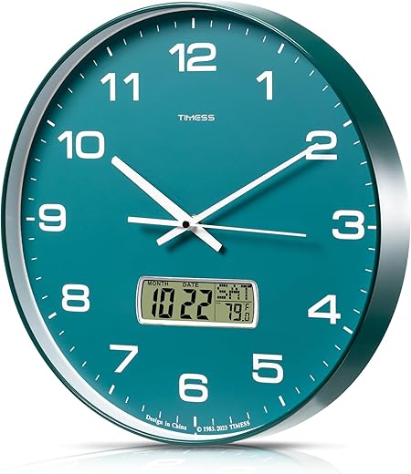 Wall Clock, 14" Large Dial Non-Ticking Silent Battery Operated Analog with LCD Display for Perpetual Calendar and F° Temperature, Ideal Modern Home, Bedroom, Kitchen, Office Decor(Green)