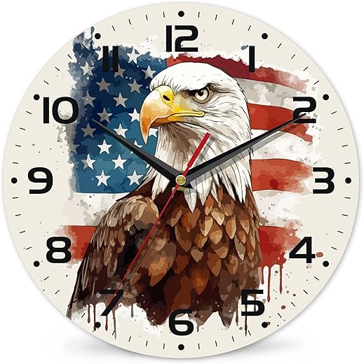 Wall Clock, 4th of July American Flag Wall Clock, Watercolor Bald Eagle Clocks, Contemporary Home Decor Easy to Read Wall Clock for Living Room, Bedroom, Bathroom and Kitchen, 10 Inch