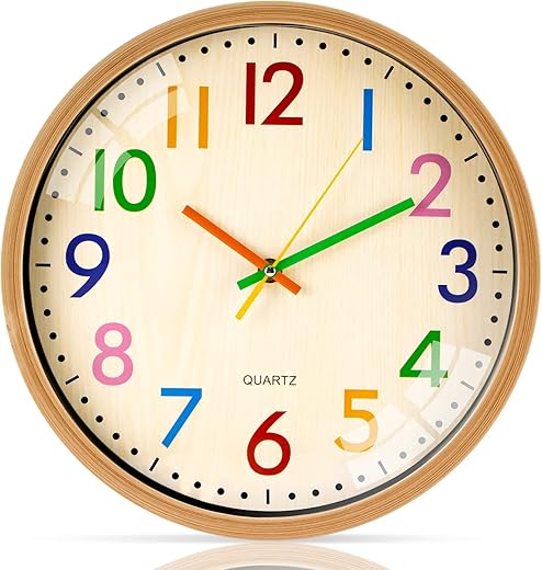 Wall Clock Battery Operated, 12 Inch Analog Colorful Kids Wall Clock Silent Non Ticking, Easy to Read 3D Numerals Classroom Clock for Nursery Classroom Office Living Room Bedroom Playroom Decor