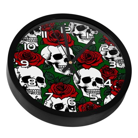 Wall Clock Battery Operated Easy to Read Round Silent Clock 9.8 in Skull Roses Skull Flower