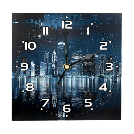 Wall Clock Battery Operated Easy to Read Square Silent Clock 7.87 in City River Landscape Night