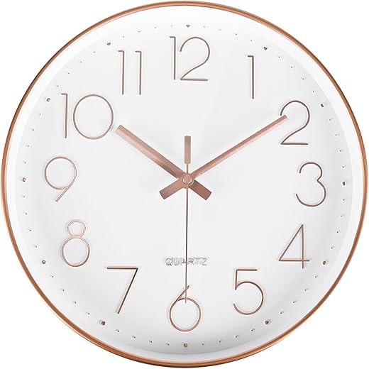 Wall Clock Battery Operated Non-Ticking Modern Analog Wall Clocks for Living Room, Kitchen, School (12Inch, Rose Gold)