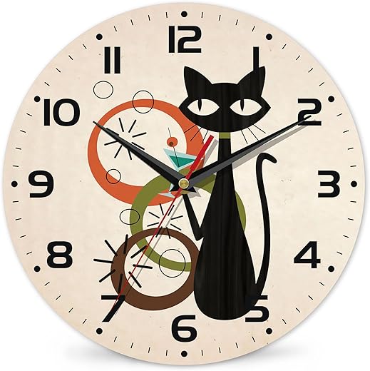 Wall Clock, Black Cat Wall Clocks Wooden Wall Clock Art Hanging Clocks Silent Non-Ticking Wall Clock Battery Operated Round Home Arabic Numeral Decorative Wall Clocks 10 Inch