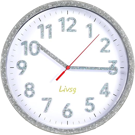 Wall Clock Bling Crystal Diamond 3D Colorful Rhinestone Numbers Battery Operated 10 Inch Silent Non Ticking Wall Clock Quartz Decorstive Clock for Living Room,Home,Bedroom（Silver）