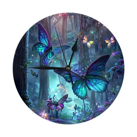 Wall Clock, Blue Butterfly Forest Fantasy Wall Clocks Battery Operated Silent Kitchen Office Wall Clock Decorative, Wall Clock for Living Room School Classroom Bedroom Home Decor