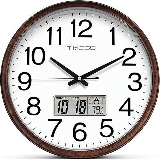 Wall Clock, Classic Wood Style Finish, 13 Inch Non-Ticking Silent Battery Operated Quartz Analog with Perpetual Calendar and F° Temperature Display, Home, Office Décor (Chestnut Brown)