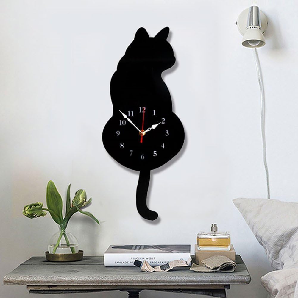 Wall Clock Creative DIY Cat Acrylic Wall Clock with Swing Tail Pendulum for Living Room Bedroom Kitchen Home Décor - Battery Not Included (42CM x 18CM) Black