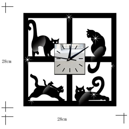 Wall Clock for Bedroom, Unique Cat Mirror Black Wall Clock Modern Design Home Decor Watch Wall Sticker