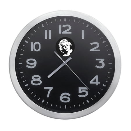 Wall Clock Home Decor or for a Patio/RV/Game Room 10 Round Silver Edge with a Black Face Featuring Your Choice of a Fun Novelty Themed Vinyl Decal - FREE Battery Included (Black and White Monroe)