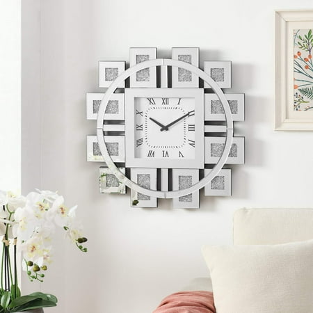 Wall Clock In Mirrored Faux Gemstones Silver American Design Acrylic Mdf Glass