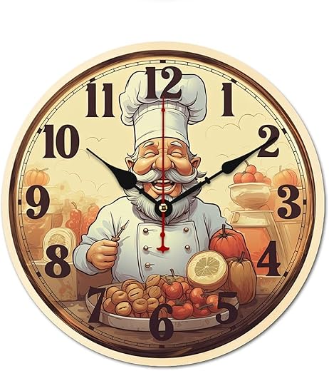 Wall Clock, Italian Cooking Chef Wall Clocks Battery Operated Silent Non-Ticking, 12 Inch Rustic Vintage Country Retro Italian Cooking Chef Clock Decorative for School Home Beach House Classroom