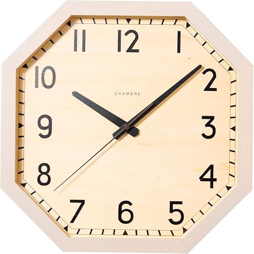 Wall Clock Japanese Handcrafted Octagon Solid Wood Clock Silent Non-Ticking Battery Operated Modern Decorative for Living Room Bedroom Office Octagon Clock CH-054 (Gray)