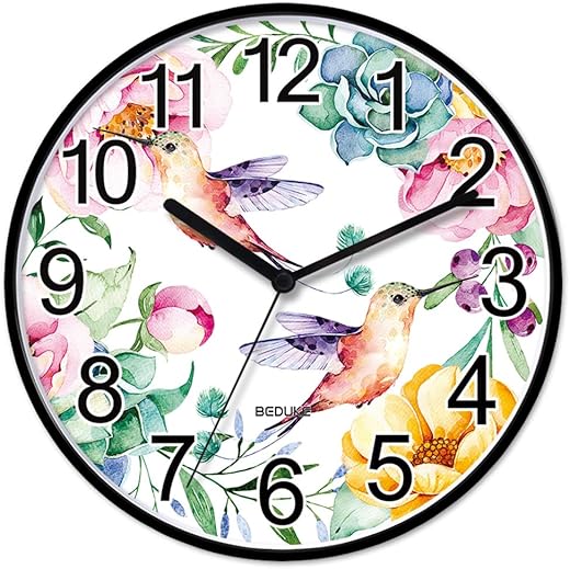 Wall Clock Non-Ticking Silent Battery Operated Quartz Large Number Hummingbird Flower Decorative Clocks Office Classroom Living Room Kitchen Bedroom Gym Patio Bathroom Decor 11 Inch Wallclock