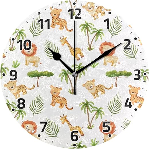 Wall Clock Non Ticking 10 Inch - Safari Animals Battery Operated Quartz Silent Round Clock for Home/Office/Kitchen/Classroom