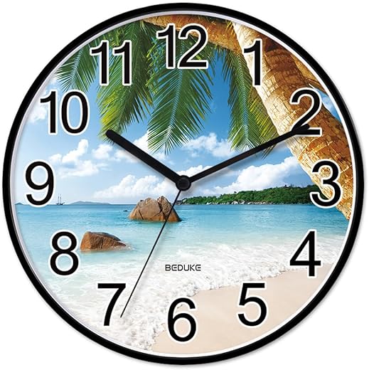 Wall Clock Non Ticking Large Number Coastal Beach Battery Operated Silent Quartz Decorative Clocks for Bedroom Office Kitchen Patio Gym Bathroom Living Room Classroom Decor 10.9 Inch Wallclock