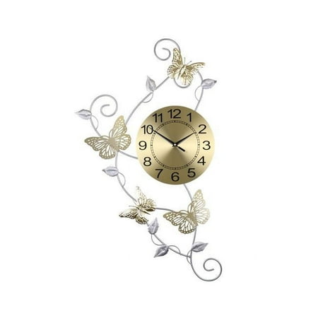 Wall Clock Openwork Metal with Butterflies in Silver and Gold