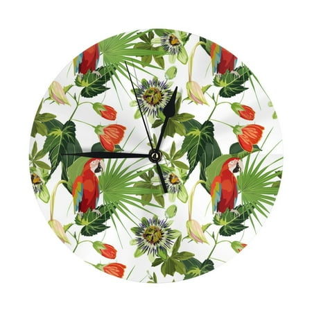 Wall Clock, Red Macaw Parrot Flower Plant Wall Clocks Battery Operated Silent Kitchen Office Wall Clock Decorative, Wall Clock for Living Room School Classroom Bedroom Home Decor