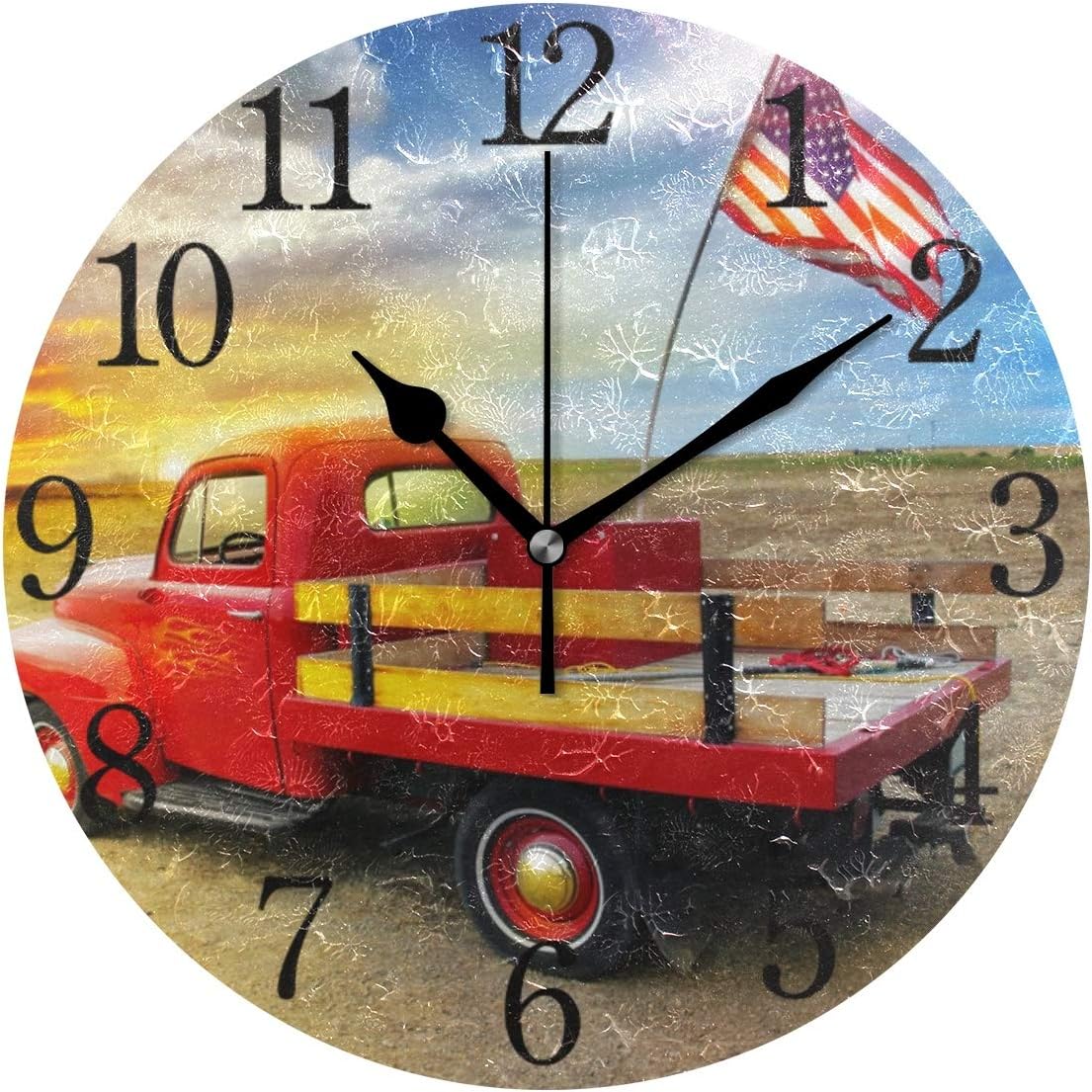 Wall Clock Red Vintage Pick Up Truck with American Flag Decorative Hanging Clock Silent Non Ticking Round Clock for Living Room Kitchen Bedroom