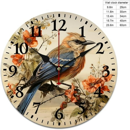 Wall Clock Retro Vintage Bird French Country Tuscan Style Round Wooden Sile