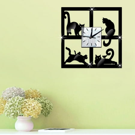 wall clock room decor battery wall clock digital Unique Cat Mirror Black Wall Clock Modern Design Home Decor Watch Sticker