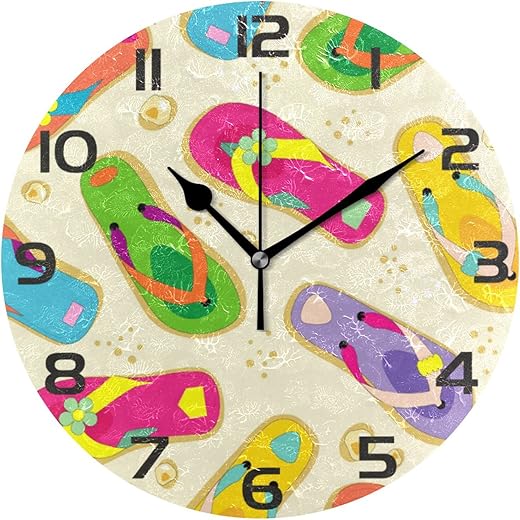 Wall Clock Round Colorful Flip Flops Battery Operated Silent Non Ticking Decorative Home Office School Decor Dual Use Art Clock