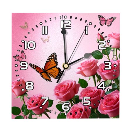 Wall Clocks Battery Operated Modern Clocks Square Silent Clock 7.87 in Red Rose Flower Butterfly Field