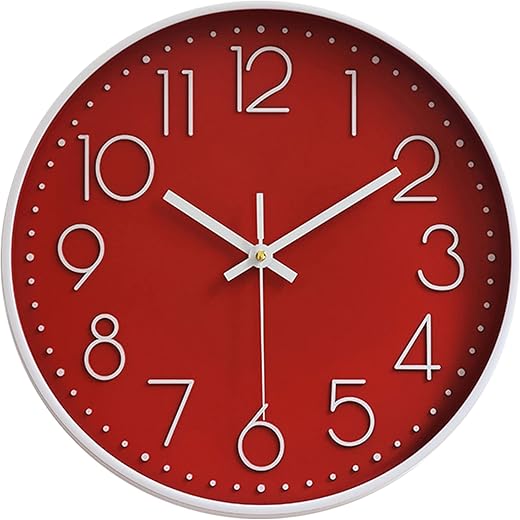 Wall Clocks Battery Operated Non-Ticking Red Clock 12 Inch Kitchen Wall Clock Quartz Silent Movement Large Decorative Clock Arabic Numerical for Home Office Decor - Red