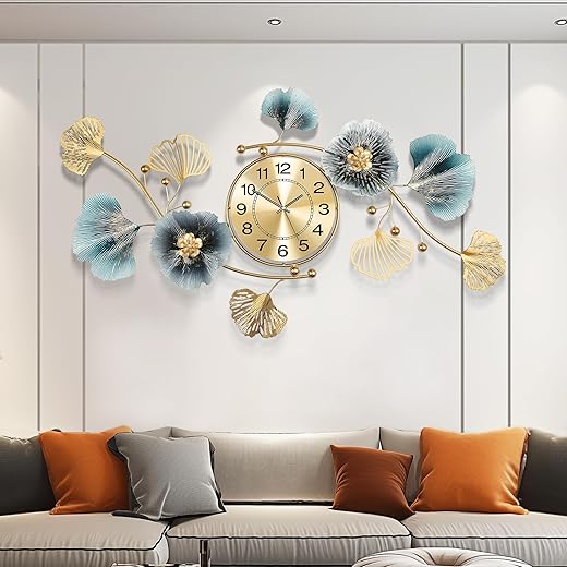 Wall Clocks for Living Room Decor,Large Wall Clock,3D Creative Metal Ginkgo Leaf Design,with Silent Movement Wall Clocks for Home Wall Decor Clock（32''x18'' ）