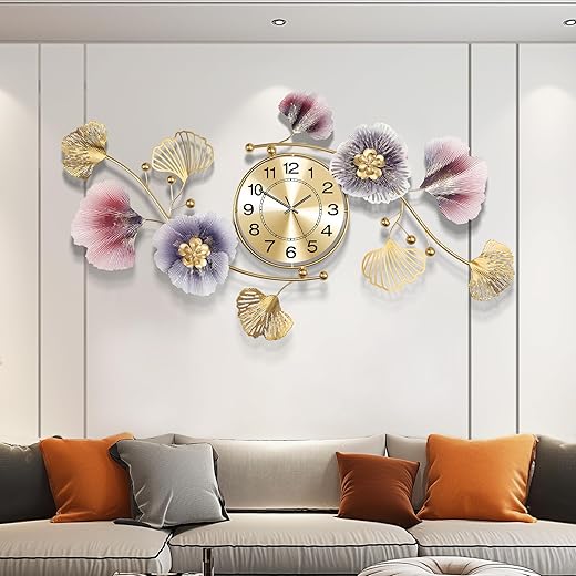 Wall Clocks for Living Room Decor,Large Wall Clock,3D Creative Metal Ginkgo Leaf Design,with Silent Movement Wall Clocks for Home Wall Decor Clock（32''x18'' ）