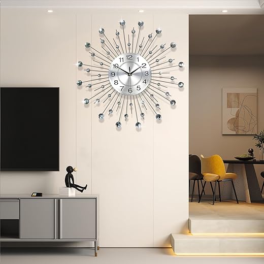 Wall Clocks for Living Room Decor Modern Silent Wall Clock Battery Operated Non-Ticking for Bedroom Kitchen Office Home Decoration 24 Inch Silver Drop Crystal Wall Watch Clock for Indoor