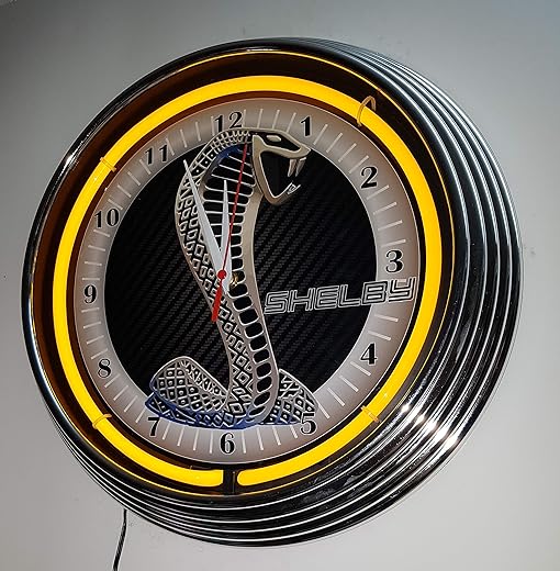 Wall Clock Shelby Badge Sign WALLCLOCK with Yellow NEON Rim Working with Silent Movement!